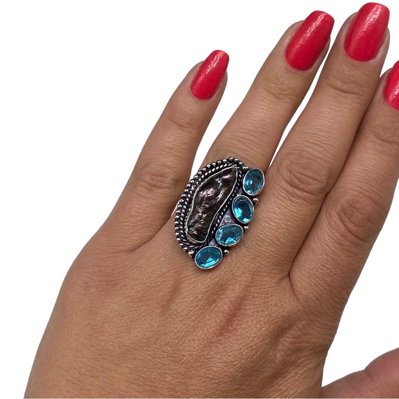 Artisan Jewelry - Biwa Pearl Blue Topaz  Ring Size 7 Sterling Silver 925 Overlay Chunky